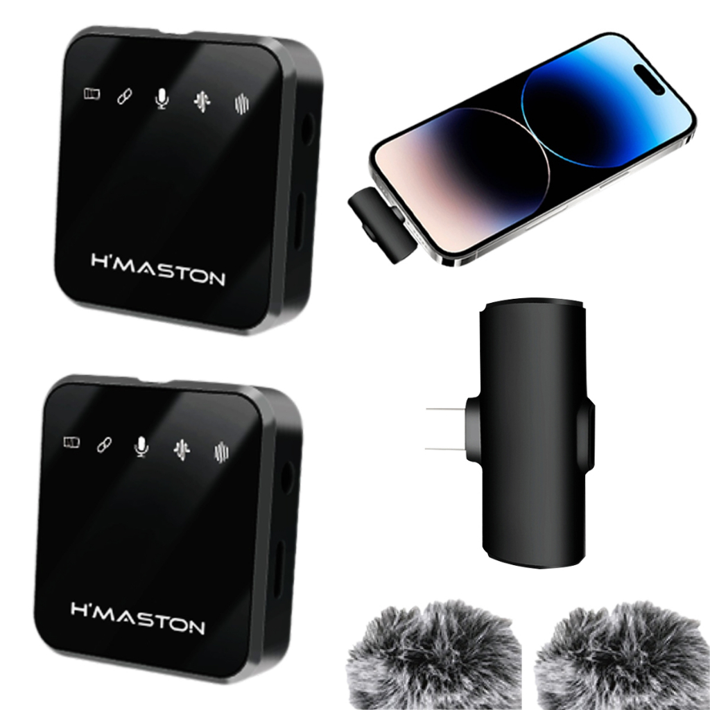 H'maston MK15/16 Microfone Sem Fio Duplo Lapela Celular Para iPhone Lightning e Tipo-c