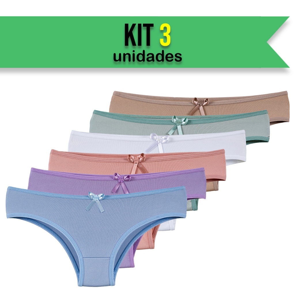 Kit 3 Calcinhas Infantil/Juvenil Lisa Feminina Colorida Forro Algodão Menina Moça Cores Variadas