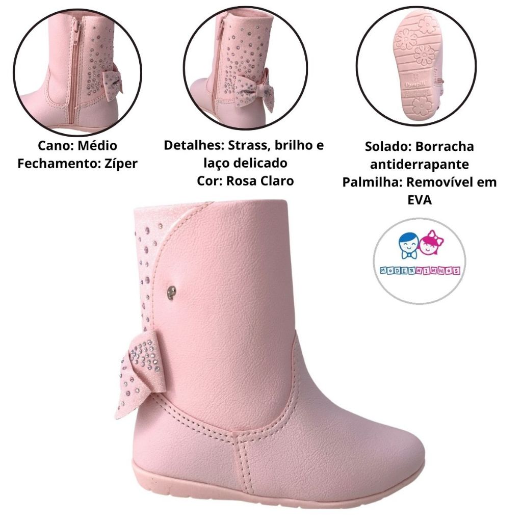 Bota Infantil Menina Pampili Feminina Cano Médio Stass Rosa Claro Original - Mk-367147 em Oferta na Shopee