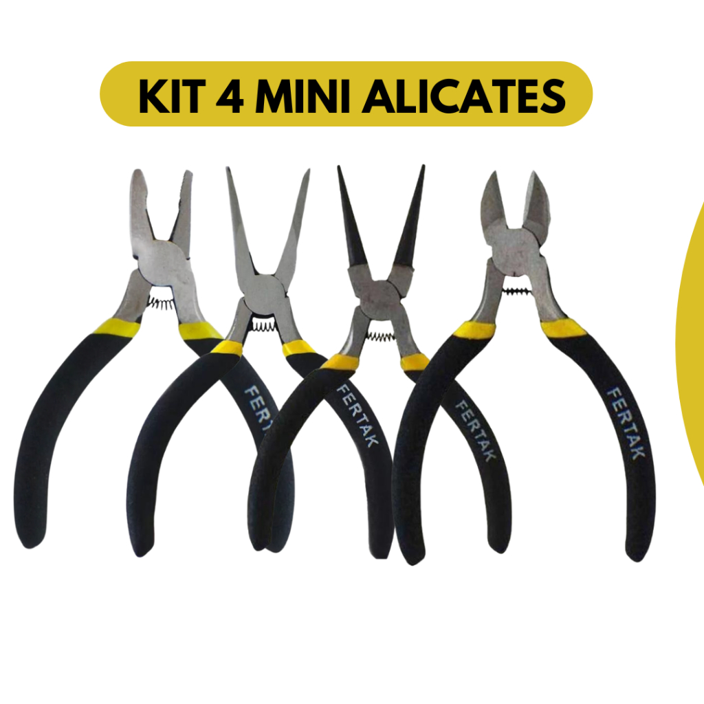 Kit 4 mini alicate universal, bico reto, bico redondo e de corte - Fertak