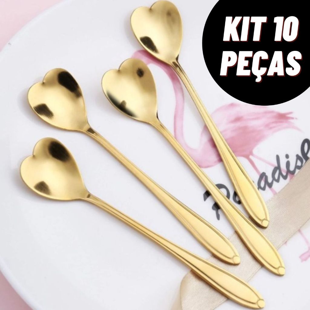 Kit Colher Coração Fofa para Cozinha Mesa Posta Douradas Café Sobremesa Chá Aço Inoxidável