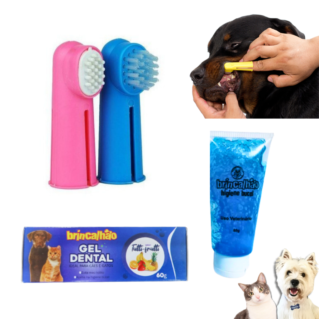 Kit Higiene Bucal Pet 2 Dedeiras + 1 Gel Dental auxilia o combate ao Mau Hálito de Cachorro Escova de dente Cãos e Gatos em Oferta na Shopee