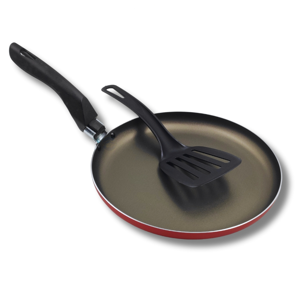 Frigideira Baixa Tapioqueira Panquequeira Crepeira Antiaderente Teflon 22cm com Espátula de Nylon de Brinde Cores Cereja e Preto Tapioca Crepe Panqueca Facil de Limpar