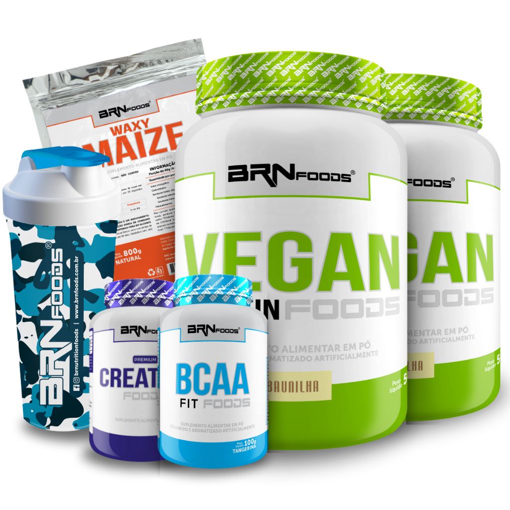 Kit 2x Vegan Protein 500g + Maize 800g + BCAA 100g + Creatina Premium 100g + Coqueteleira - BRNFOODS - Health