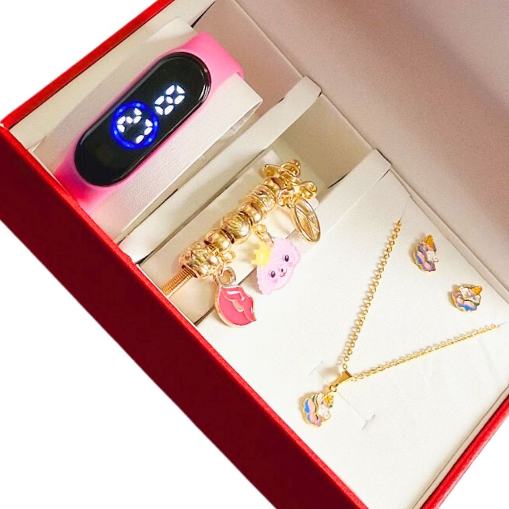 Relógio Infantil menina Digital Led à Prova D'água + Colar Brincos Folheado a Ouro Infantil + Pulseria Infantil menina com Berloques - Presente dia das crianças