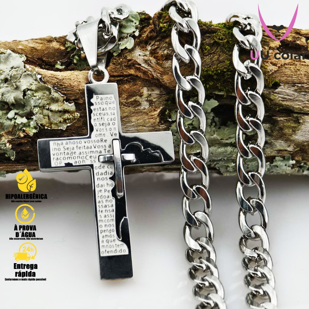 Colar Masculino de Corrente Crucifixo com Pingente Grande Pai Nosso - Prata em Aço Inoxidável