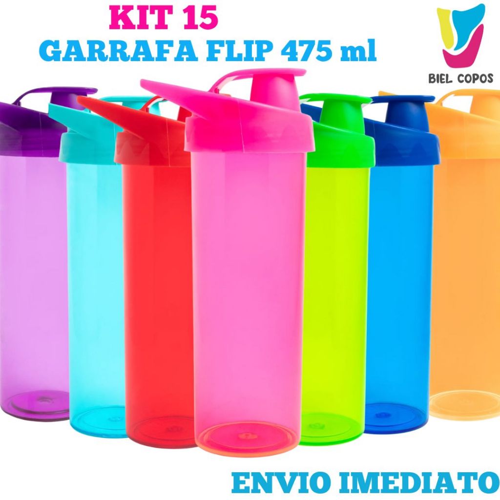 Kit 15 Garrafa Flip Flop 475 mL várias cores - Garrafa de água- Garrafa pra academia
