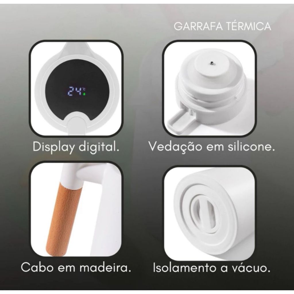 Garrafa Térmica Termometro Digital 1L Café Chá Nórdica Com Cabo Madeira em Oferta na Shopee