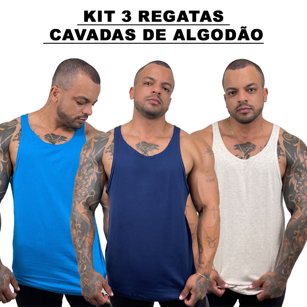 Kit 3 Regatas Masculina Cavadas Azul Turquesa + Marinho + Cores Nadador Algodão Lisa Básica Bombey
