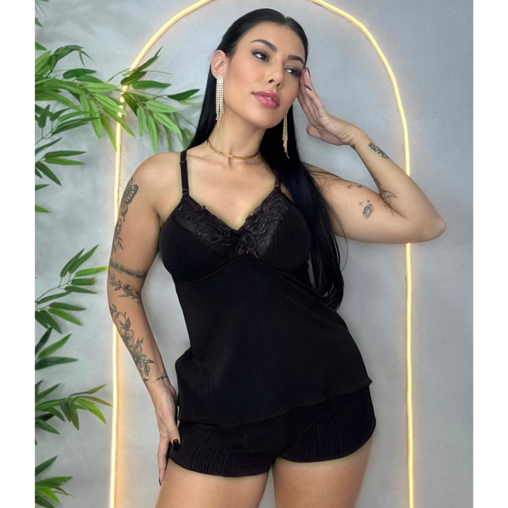 Pijama Baby Doll Feminino Canelado Com Detalhe De Renda Sexy