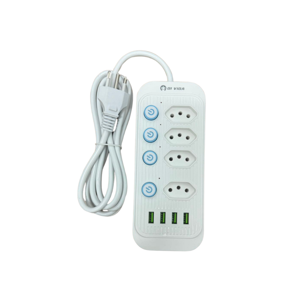 Extensão Régua Com 4 Tomadas E 4 Usb 2500W Botões Individuais Filtro De Linha Segurança 2 Metros Cor Sortida