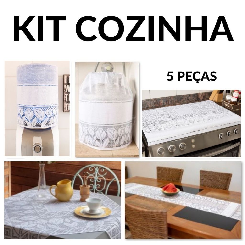 Kit Jogo de Cozinha 5 Peças Capa Botijão Galão Fogão Trilho de Mesa e Toalha de Chá - Renda Desenho Tulipa Branca em Oferta na Shopee
