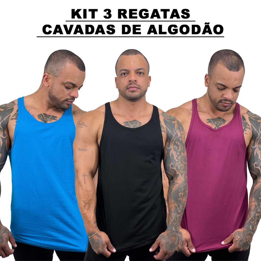 Kit 3 Regatas Masculina Cavadas Azul Turquesa + Preto + Cores Nadador Algodão Lisa Básica Bombey