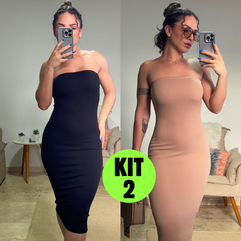 Kit 2 Vestido Midi Tomara Que Caia Canelado Elegância  Ousadia Tubinho Anarruga Sensual Modelador em Oferta na Shopee