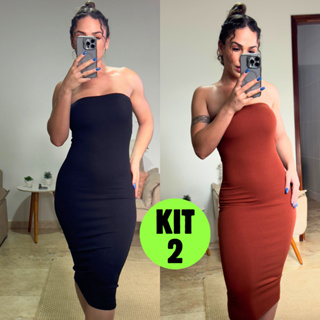 Kit de Vestido Feminino Canelado Tomara que Caia Midi Básico Elegante em Oferta na Shopee