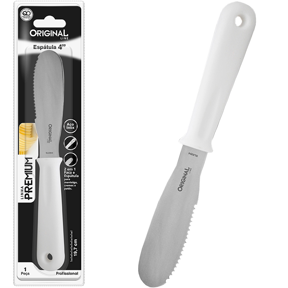 ESPATULA PATE / MANTEIGA DE INOX COM SERRILHA CABO PLASTICO BRANCO PREMIUM 4'' 19,7CM