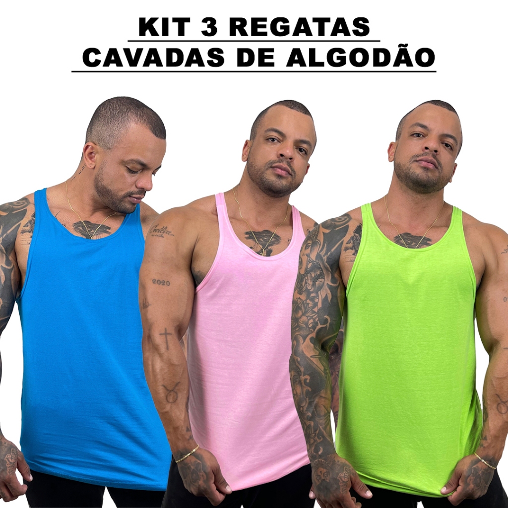 Kit 3 Regatas Masculina Cavadas Azul Turquesa + Rosa Chiclete + Cores Algodão Lisa Básica Bombey