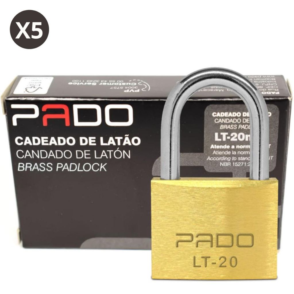 Kit 5 Cadeado Tradicional de Latão Reforçado LT 20mm com 2 Chaves Pado