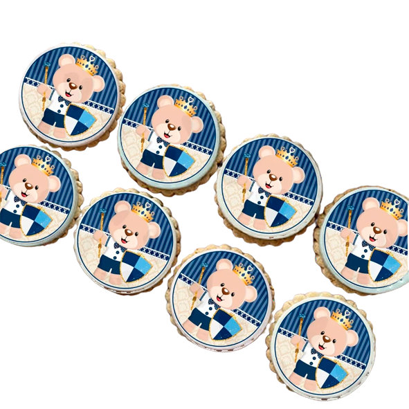 Papel de arroz cortado comestível para pirulito pão de mel alfajor cupcake bolo mini bolinho biscoito drink aniversário chá de bebê ursinho príncipe azul marinho realeza