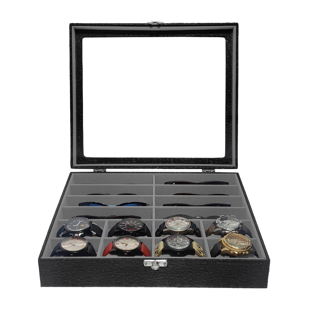 Caixa Maleta Estojo 8 Óculos E 8 Relógios Com Tampa de Vidro Interno Cinza Aveludado em Oferta na Shopee