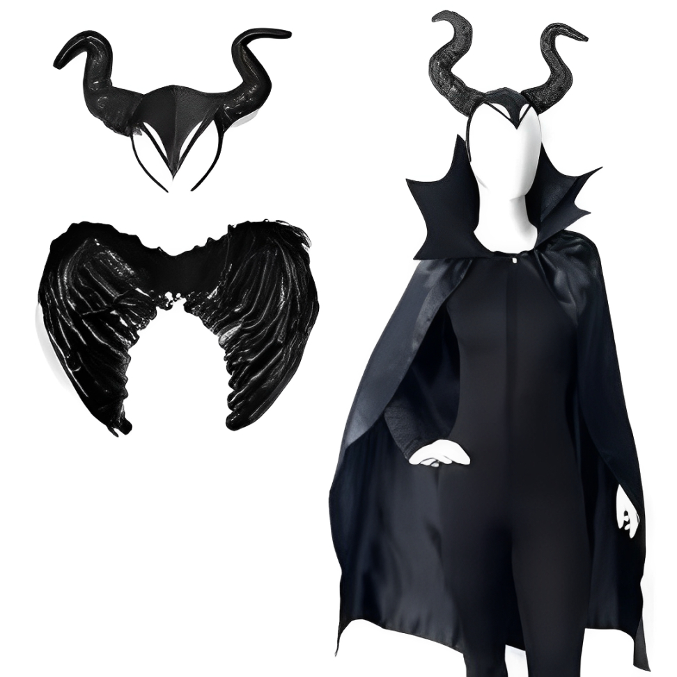 Kit Fantasia Malévola para Halloween com Duas Opções, Tiara, Capa ou Asa.