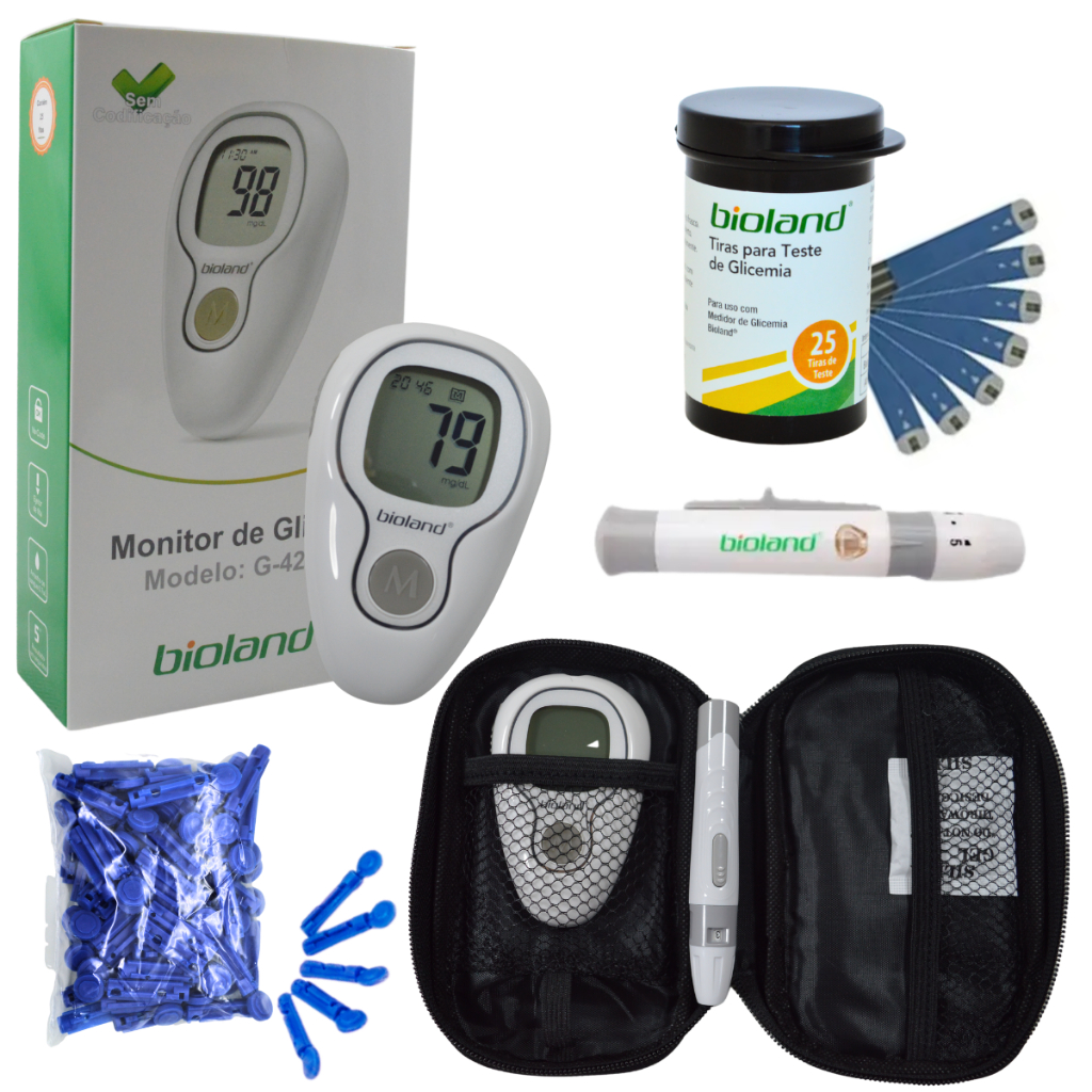Kit Monitor de Glicose Aparelho Medidor de Glicemia 25 Tiras 25 Lancetas Bioland Protetora Caneta