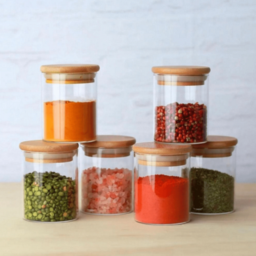 10 Potes Herméticos de Vidro Transparente com Tampa de Bambu 200ml | Porta Mantimentos Alimentos