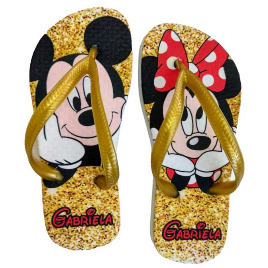 Chinelo Minnie Mickey Desenho Infantil Juvenil Estampado Personalizado Com Nome Da Criança Tira Slim