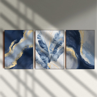 Kit 3 Quadros Decorativos 20x28 ou 21x30 Arte Abstrata Tema Mármore Azul e Dourado com Folhagens Para Quarto, Sala, Escritório, Cozinha MDF em Oferta na Shopee