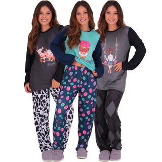 Kit 3 Pijamas Manga Longa Felpado Suede Moda Feminina em Oferta na Shopee