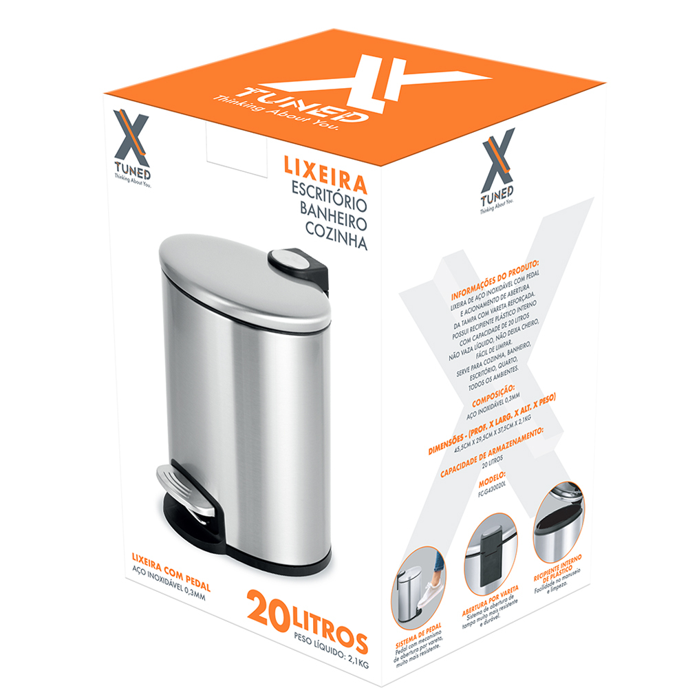 Lixeira Com Pedal E Balde Aço Inox 20 Litros Xtuned - Home & Living
