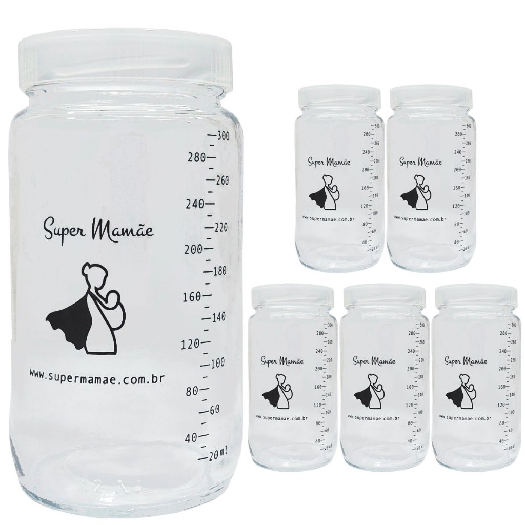 Potes Vidro para Armazenar Leite Materno Graduados 300ml Kit com 6 Unidades