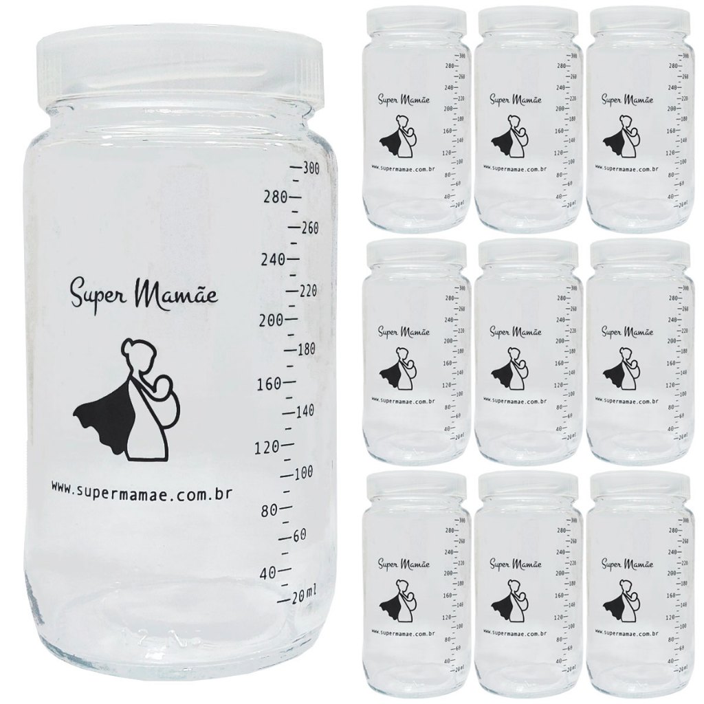 Potes Vidro para Armazenar Leite Materno Graduados 300ml Com Tampas de Plástico - 10 Unidades