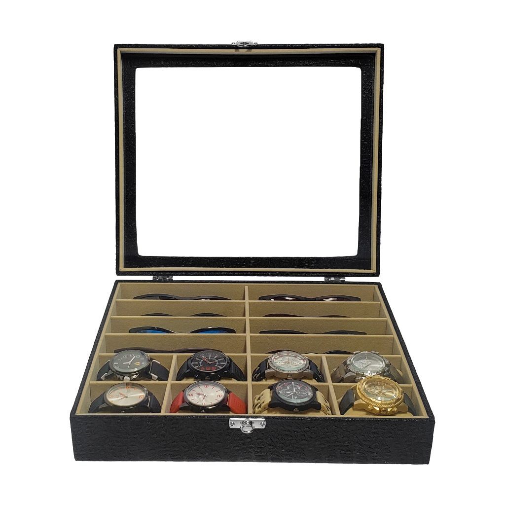 Caixa Maleta Estojo 8 Óculos E 8 Relógios Com Tampa de Vidro Interno Bege Aveludado