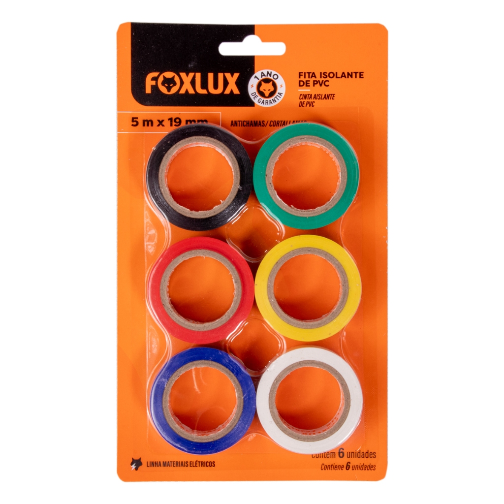 Fita Isolante de PVC Antichamas 5M x 19mm Colorida 6 Unidades Foxlux - Home & Living
