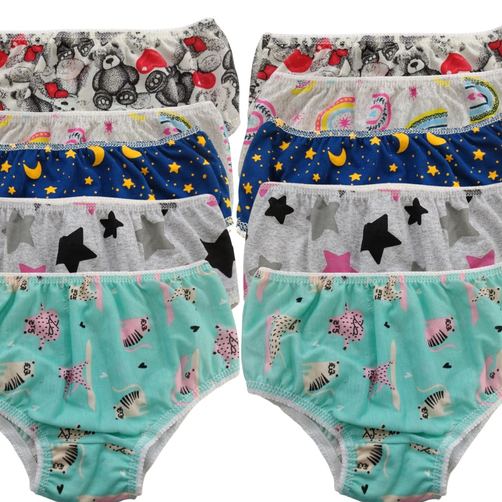 Kit Com 10 Peças Calcinhas Infantil Bebê E Crianças Algodão Malha Estampada E Colorida Bebê Desfralde Kids