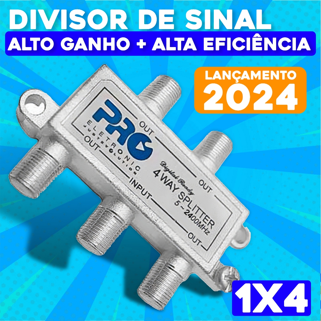 Divisor de Sinal Proeletronic 4 Saidas 2.4Ghz HDTV Antena Cabo Até 4 Tvs Universal Profissional