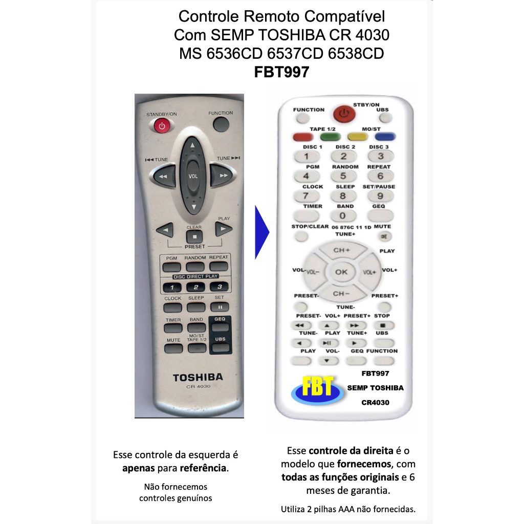 Controle Compatível Com SOM SEMP TOSHIBA CR4030 MS6538CD FBT997