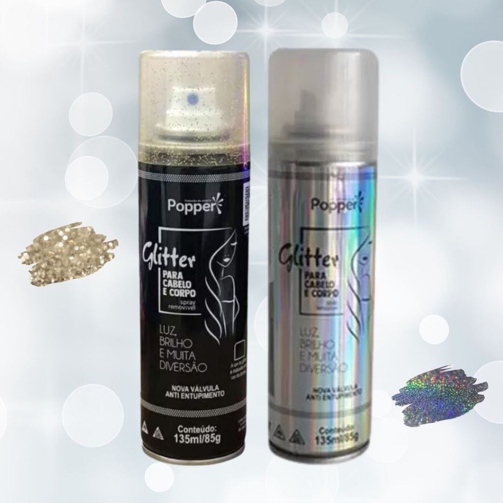 Spray Glitter Dourado e Holográfico Para Cabelo e Corpo Popper 135ml