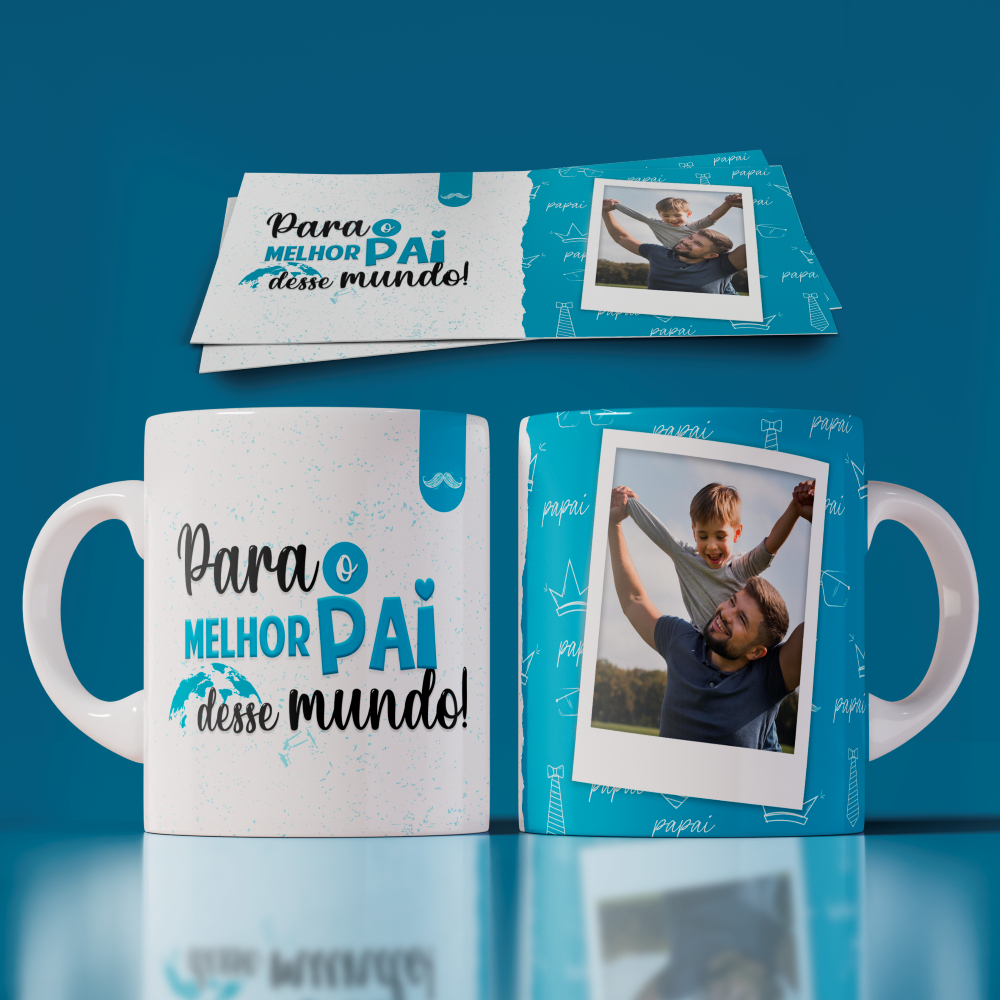 Caneca de Porcelana Branca Dia Dos Pais em Tom de Azul Com Foto- Caneca Dia Dos Pais Blue com Foto- Caneca para o Papai