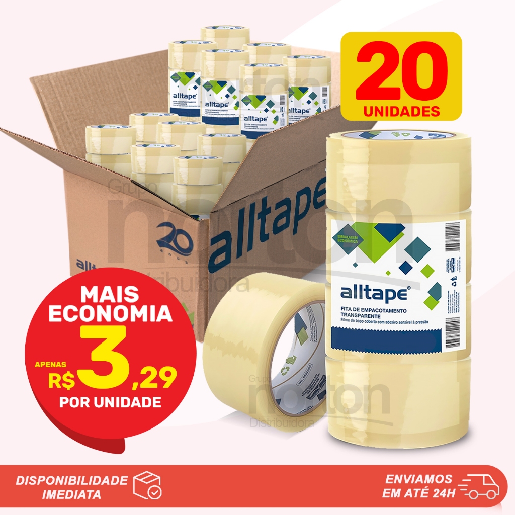 Caixa 20 Fitas Adesivas Transparente Larga Para Empacotamento p/ Mudança 800 metros Alltape em Oferta na Shopee