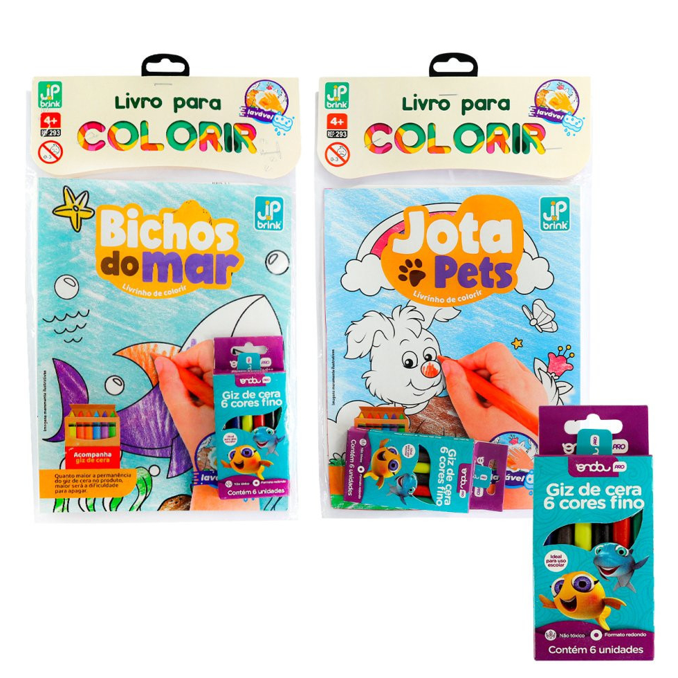 Kit Livro de Colorir Pintar Lavável Infantil Educativo Animais Mar Pets + 6 Giz de Cera Kids Escolar p/ Crianças Pintura Escola