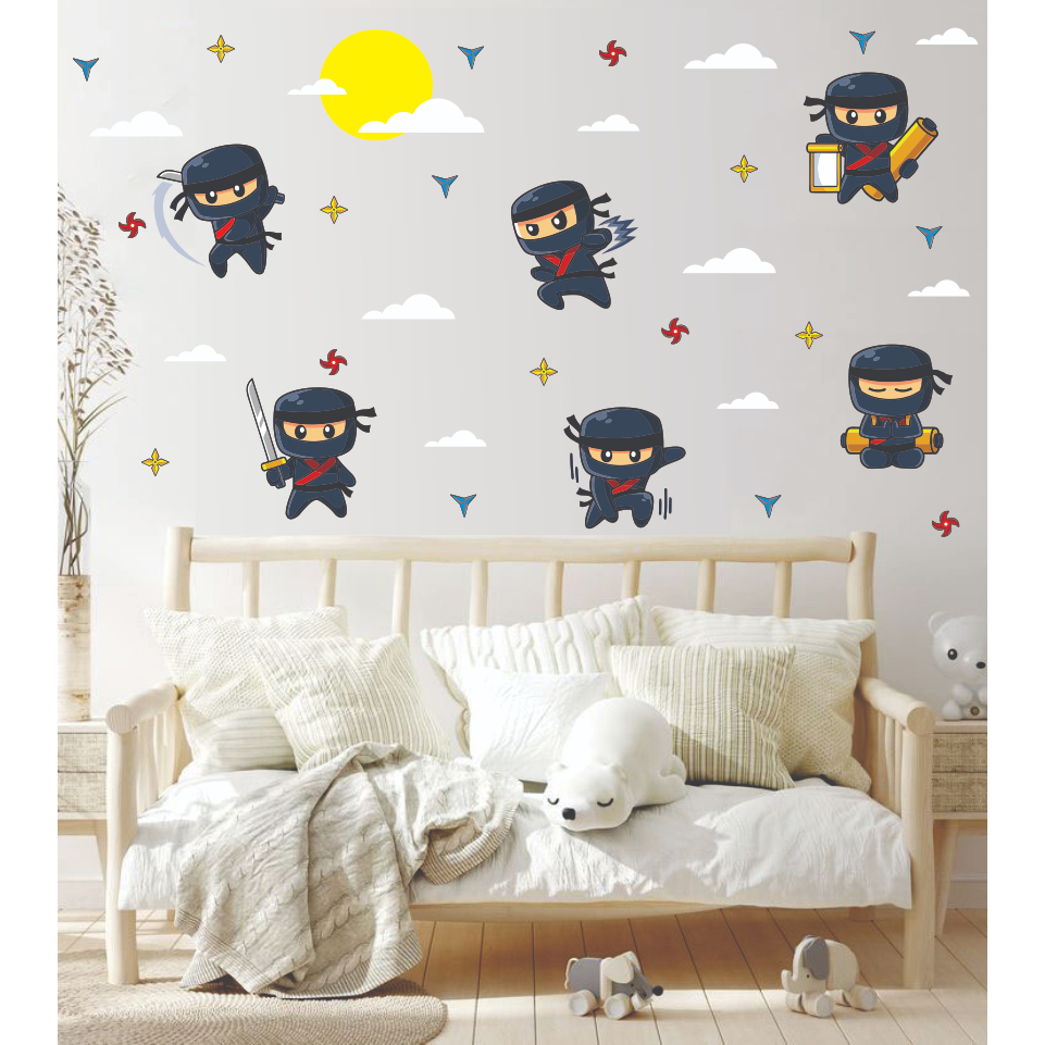 Adesivo De Parede Ninjas Cute Baby Faixa Preta Karate Artes Marciais Colorido Shuriken