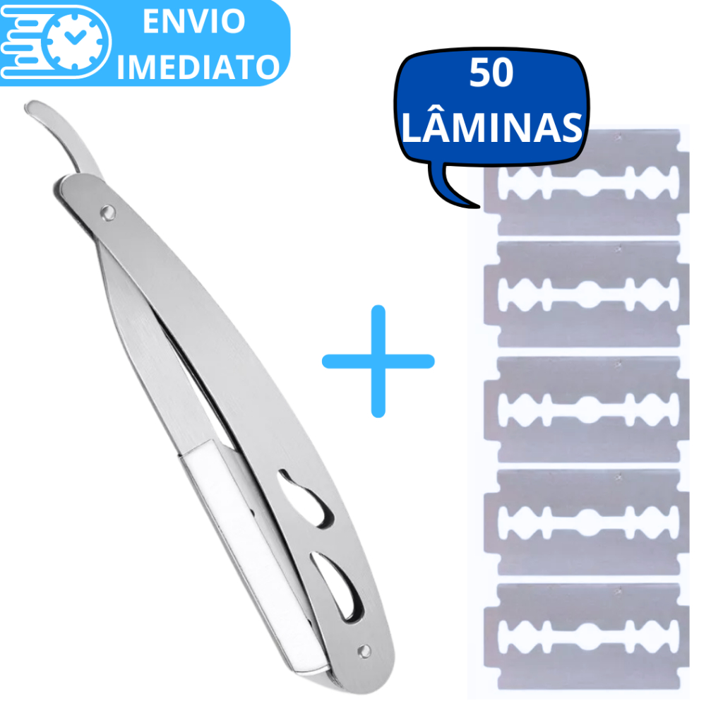 KIT Navalha Navalhete Profissional Aço Inox + 50 lâminas para Barbearia Casa Barbeiro Acabamento Barba Barbear