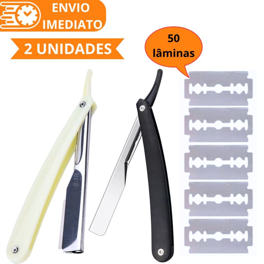 KIT 2 Navalha Navalhete Profissional 100% Aço Inox + 50 lâminas para Barbearia Casa Barbeiro Acabamento Barba