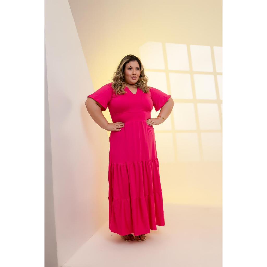 Vestido Longo Plus size manga Evasê.