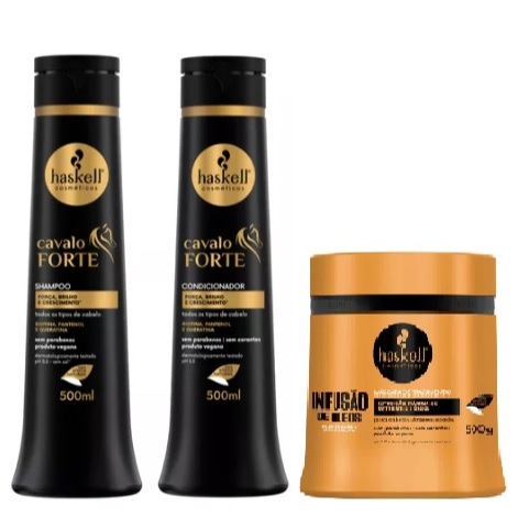 Kit Haskell Shampoo Cavalo Forte 500 Condicionador Cavalo Forte 500 e Mascara Infusão de Óleos 500g