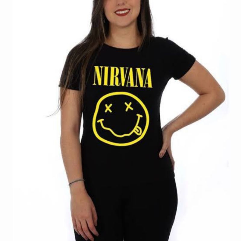 camiseta feminina Baby Look Nirvana Preta Banda Rock em Oferta na Shopee