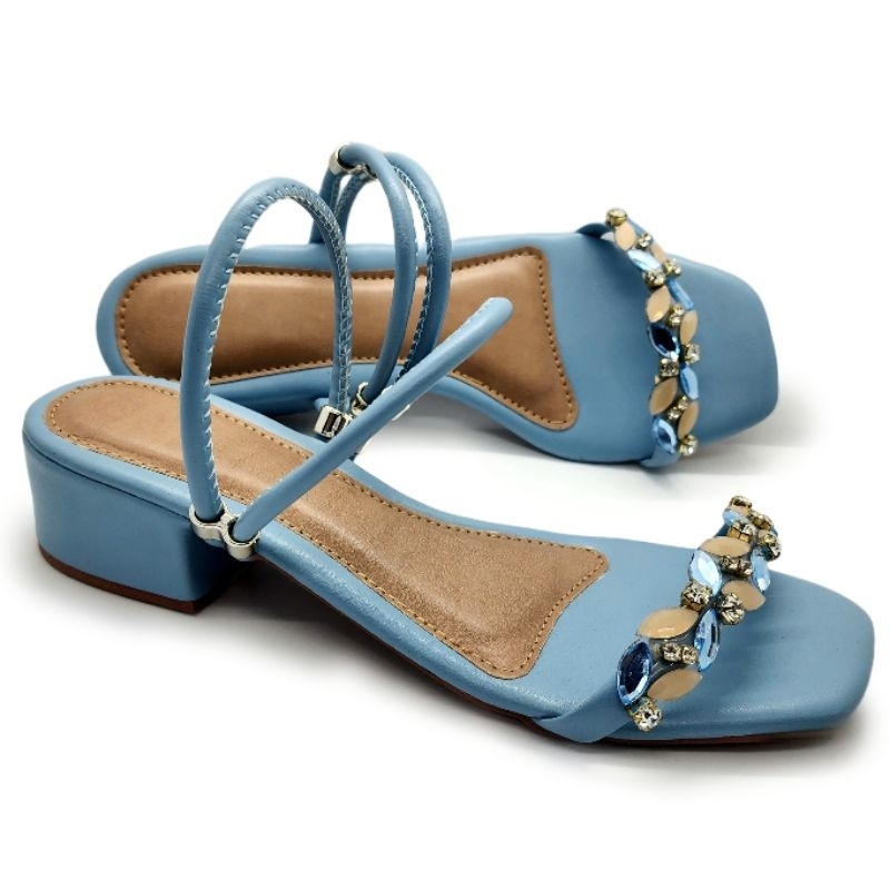 SANDÁLIA SALTO BLOCO GROSSO PEDRARIA CASUAL VERÃO CONFORTÁVEL (4cm salto)