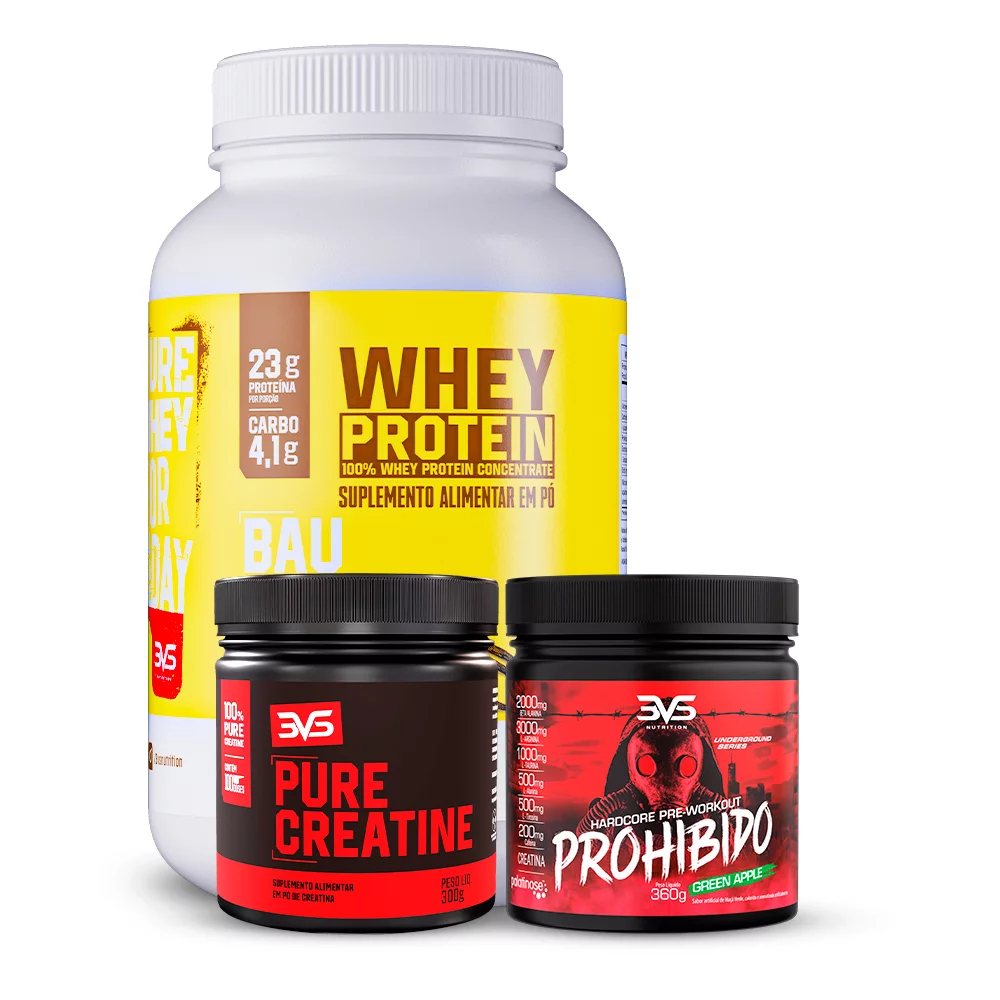 Combo Whey Protein 900g + Creatina 100% Pura 300g + Pré Treino Prohibido 360g Sabor Maça Verde em Oferta na Shopee